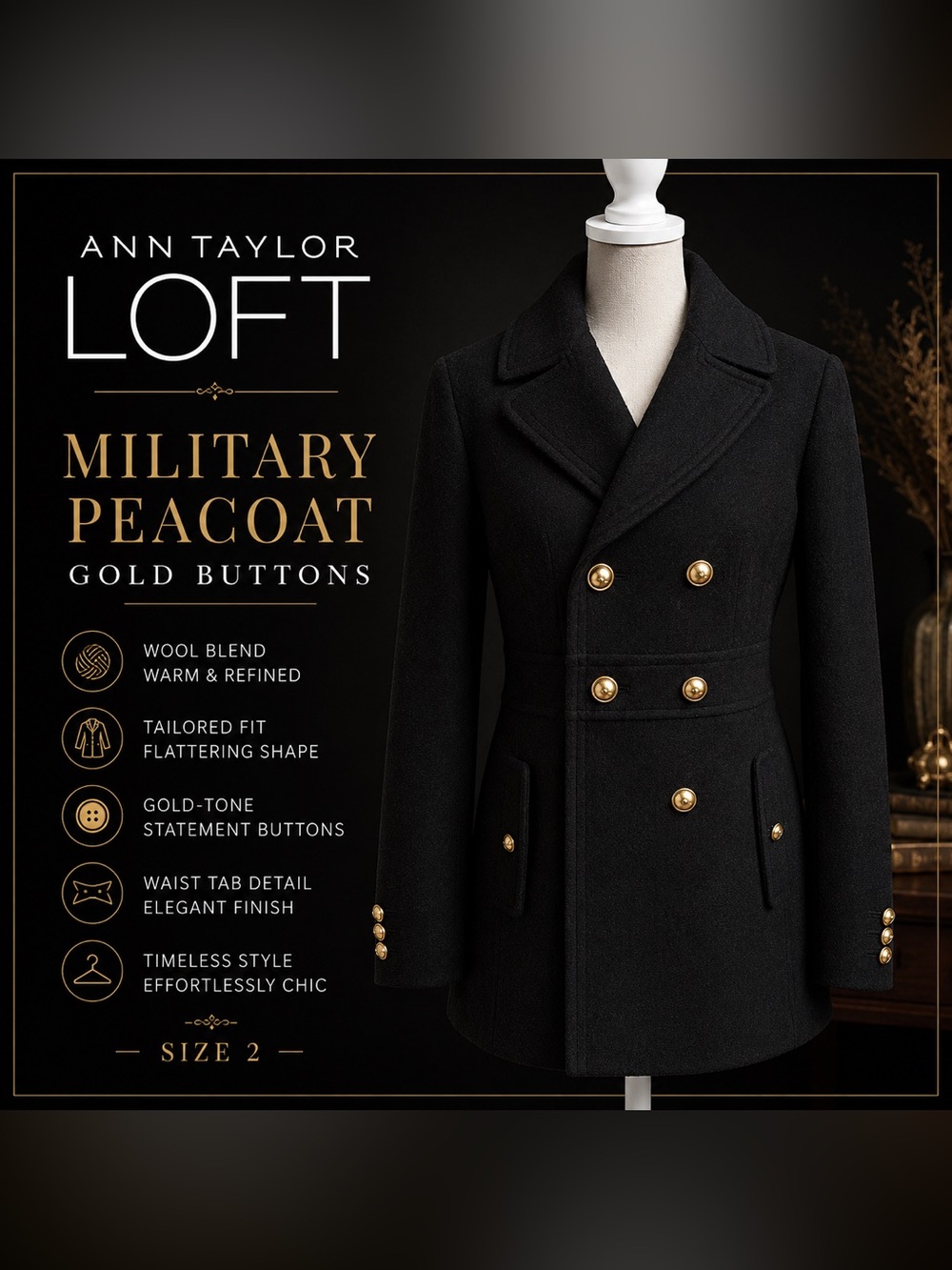 Ann Taylor LOFT Black Wool Blend Military Peacoat Gold Buttons 2